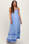 Blue Floral Shoulder Tie Maternity Maxi Dress