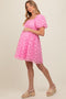 Pink Floral Mesh Lace Puff Sleeve Maternity Dress
