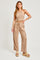 Taupe Halter Neck Linen Crop Top With High Waisted Pants