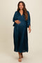 Teal Satin Pleated V-Neck Maternity Maxi Dress