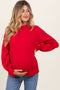 Red Cable Knit Mock Neck Bubble Sleeve Maternity Sweater