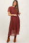 Burgundy Leaf Print Pleated Maternity Midi Dress