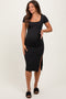 Charcoal Ribbed Short Sleeve Side Slit Maternity Midi Dress