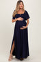 Navy Chambray Smocked Maternity Maxi Dress