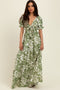 Green Tropical Print Smocked Front Tie Maxi Dress