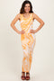 Yellow Abstract Print Knit Fitted Midi Dress