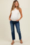 Navy Fringe Hem Cropped Straight Leg Maternity Jeans