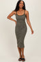 Olive Striped Thin Strap Fitted Midi Dress