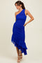 Royal Ruched Mesh One Shoulder Asymmetric Dress