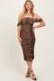 Brown Animal Print Off Shoulder Ruched Mesh Midi Dress