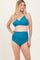 woman wearing a teal maternity bikini with a scalloped edge top and high-waisted bottoms