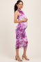 Purple Printed Mesh Overlay Sleeveless Fitted Maternity Midi Dress