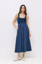 Navy Contrast Knit Poplin Sleeveless Midi Dress