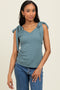 Teal Solid Ribbed Sleeveless Tie V-Neck Top