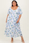 Blue Floral Chiffon Puff Sleeve Plus Midi Dress