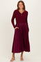 Burgundy Collared Knit Contrast Pleated Skirt Midi Dress