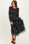 Black Floral Mesh Smocked Midi Dress
