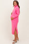 Pink Turtleneck Chunky Knit Maternity Midi Sweater Dress