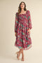 Burgundy Floral Chiffon Smocked Ruffle Tiered Midi Dress
