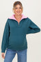 Dark Teal Contrast Collar Half Zip Maternity Sweater
