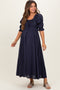 Navy Smocked Ruffle Square Neck Maternity Midi Dress