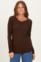 Brown Solid Ribbed Ruched Long Sleeve Top