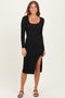 Black Knit Square Neck Slit Midi Dress
