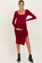 Burgundy Knit Square Neck Slit Maternity Midi Dress