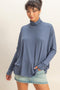 Navy Draped Oversized Turtleneck Dolman Sleeve Top