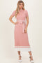 Mauve Knit Pleated Sash Tie Midi Dress
