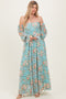Mint Floral Lace Smocked Long Sleeve Off Shoulder Maxi Dress