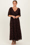 Brown Floral Mesh 3/4 Sleeve V-Neck Maxi Dress
