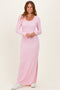 Light Pink Ribbed Long Sleeve Side Slit Maxi Dress