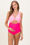 Pink Striped Color Block Cutout Maternity Swimsuit