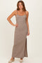 Taupe Striped Ribbed Sleeveless Side Slit Maxi Dress