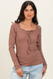 Mocha Ribbed Front Tie Henley Top