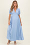 Blue Ribbed Puff Sleeve V-Neck Empire Waist Maternity Maxi Dress