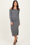 Charcoal Off Shoulder Ruched Side Slit Midi Dress