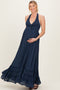 Navy Halter Neck Smocked Maternity Maxi Dress
