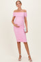 Baby Pink Ruched Mesh Off Shoulder Maternity Midi Dress
