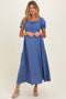 Blue Square Neck Puff Sleeve Maternity Midi Dress