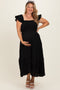 Black Button Accent Smocked Maternity Plus Midi Dress