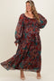Wine Paisley Smocked Tiered Maternity Plus Maxi Dress