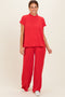 Red Textured Rib Mock Neck Short Sleeve Pant Set