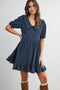 Navy Printed Ruffle Accent Shirt Dress