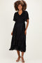 Black Pleated Satin Smocked Maternity Midi Dress