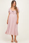 Light Pink Smocked Waist Short Sleeve Maternity Midi Dress