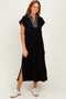 Black Striped Collared Side Slit Midi Dress