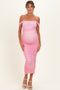 Baby Pink Ruched Mesh Off Shoulder Maternity Midi Dress