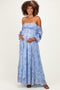 Blue Off Shoulder Long Sleeve Maternity Maxi Dress